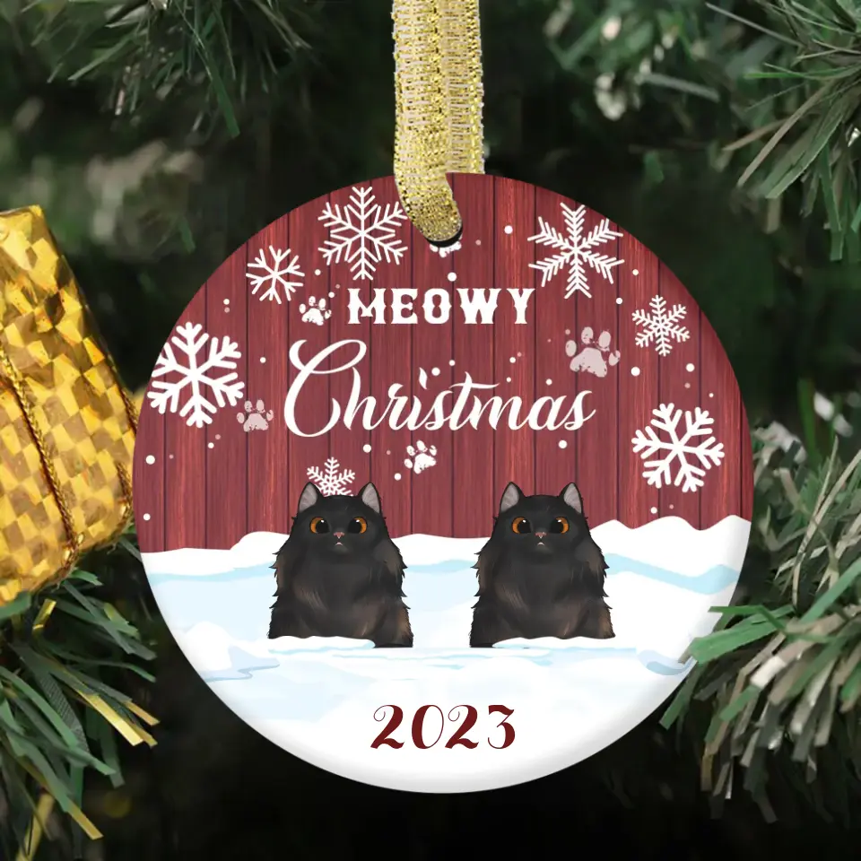 Personalized Custom Circle Ceramic Christmas Ornament For Cat Lovers - Meowy Christmas