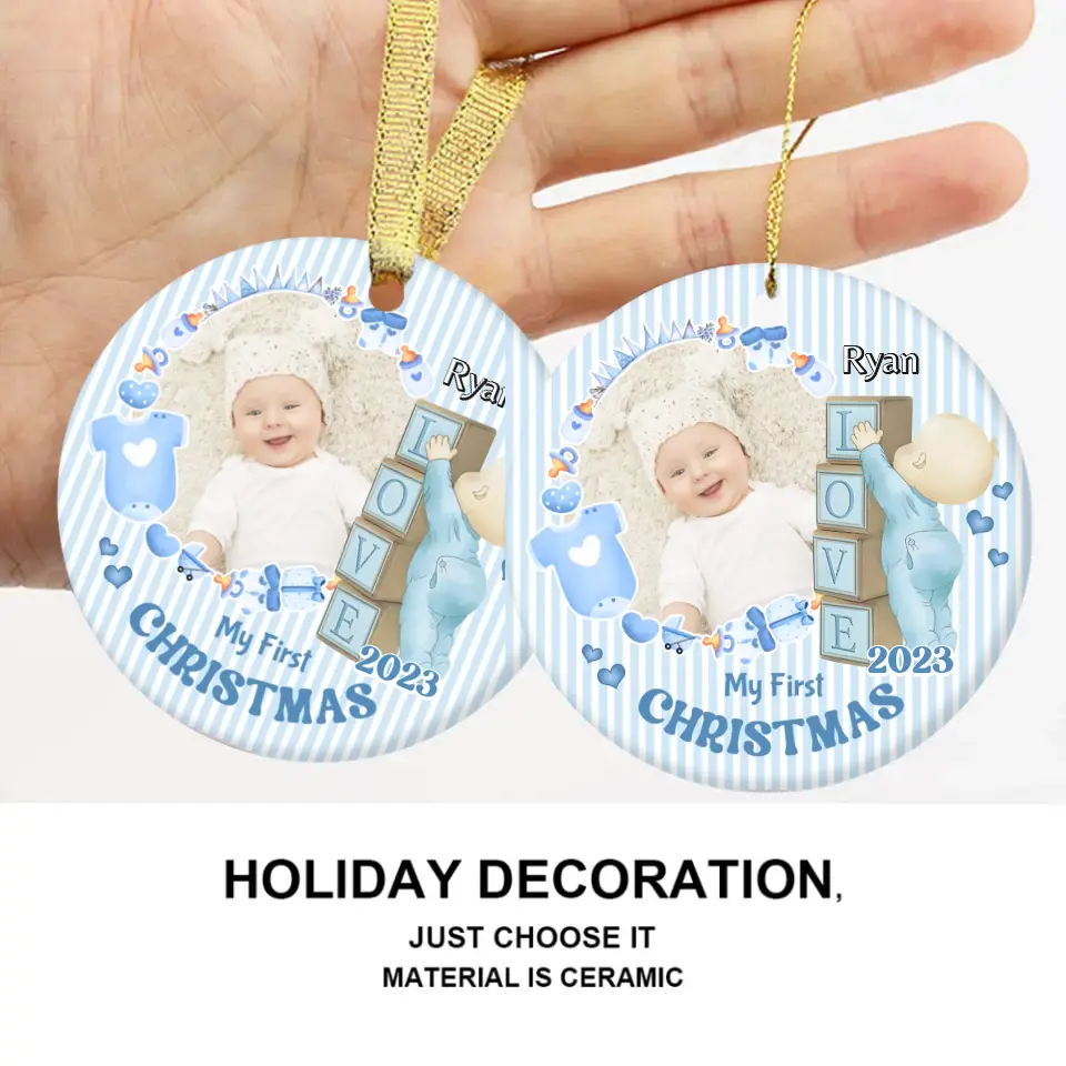 Personalized Newborn Gift Baby First Xmas Photo Ceramic Circle Ornament