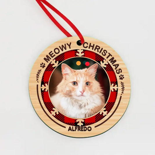 Merry Woofmas Meowy Christmas - Personalized Custom Round Shaped Wood Photo Christmas Ornament -  Gift For Pet Lovers