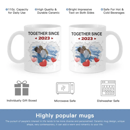 Couple Spouse Custom Photo Personalized White Mug - Together Since Stone Heart
