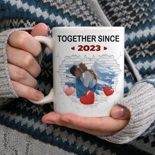 Couple Spouse Custom Photo Personalized White Mug - Together Since Stone Heart