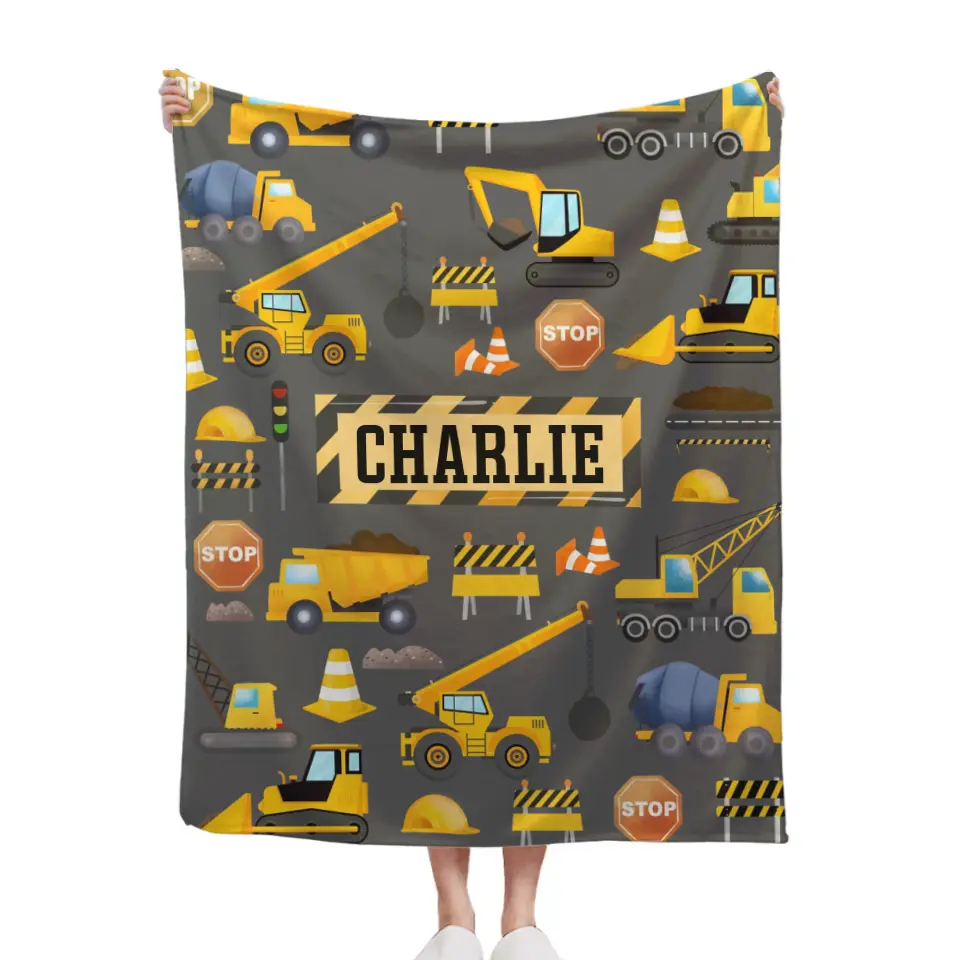 Personalized Builder Plush Baby Blanket Gift for Boys, Custom Truck Name Blanket