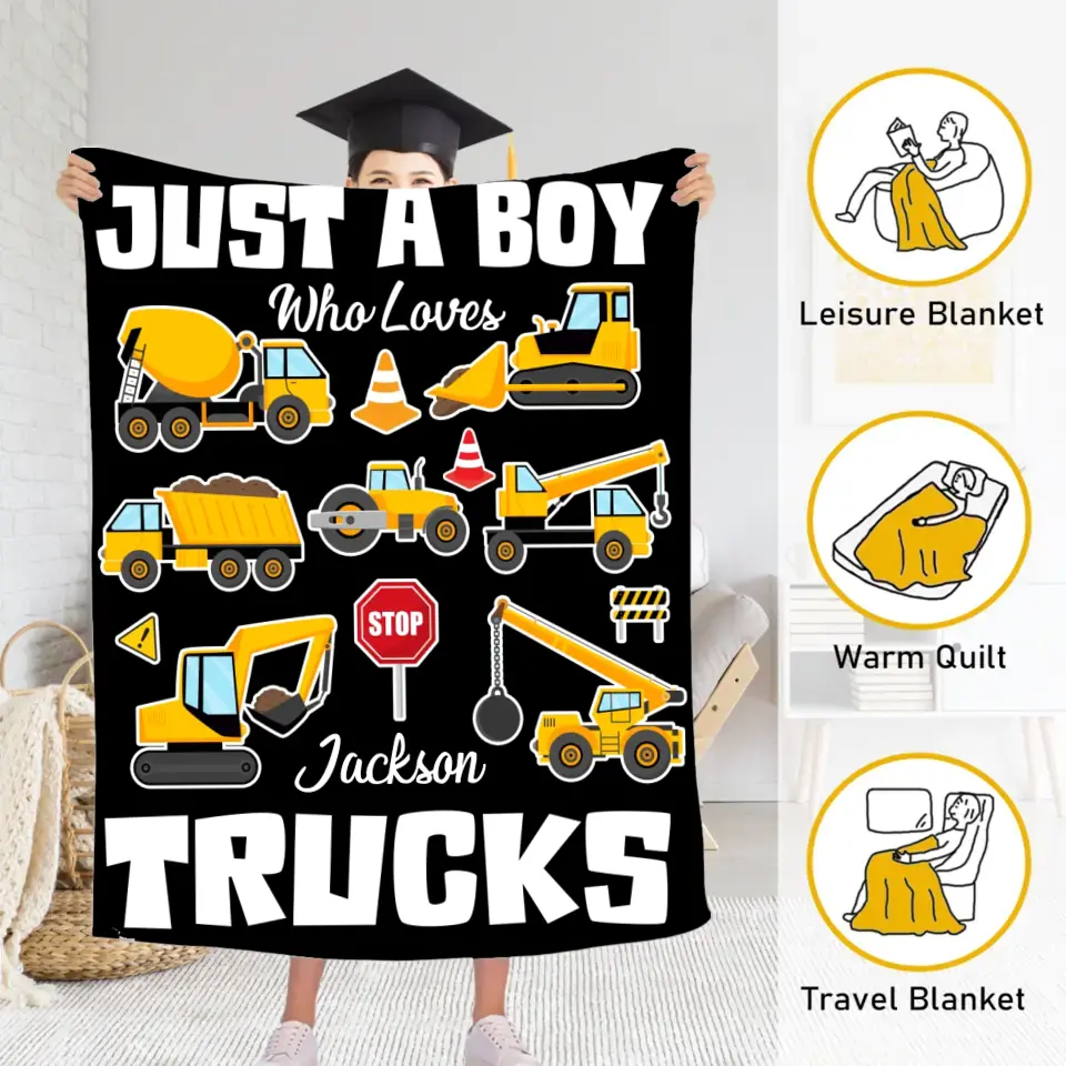 Personalized Custom Name Blanket - Fits Boys Truck Digger