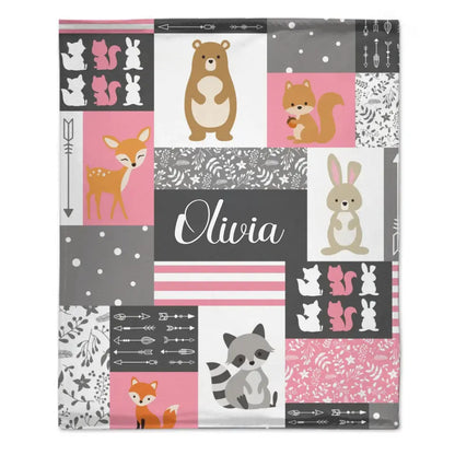 Personalized Custom Name Baby Blanket for Girl - Little Bear Rabbit Sika Deer Fox