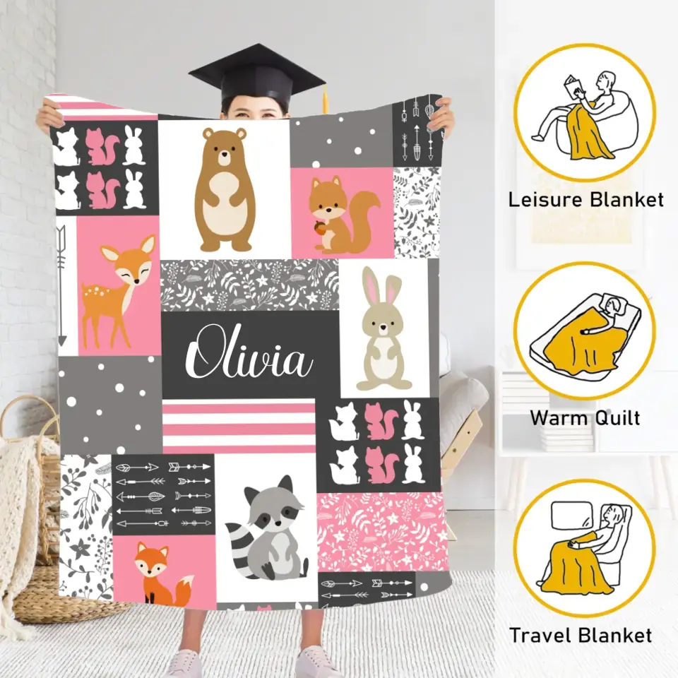 Personalized Custom Name Baby Blanket for Girl - Little Bear Rabbit Sika Deer Fox