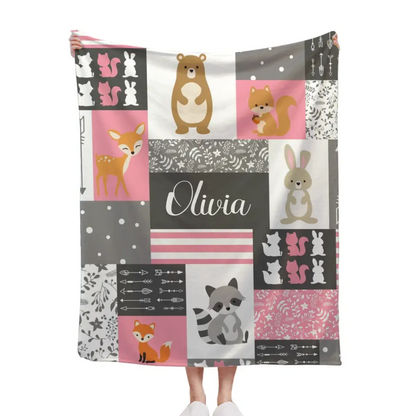 Personalized Custom Name Baby Blanket for Girl - Little Bear Rabbit Sika Deer Fox