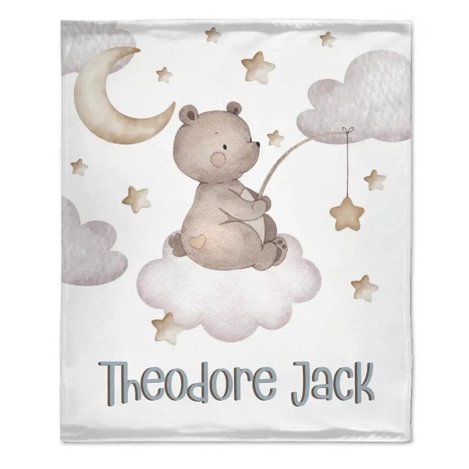 Personalized Custom Baby Boy Name Blanket - Bear Moon Stars in Sky Blanket, Newborn Boy Baby Gift