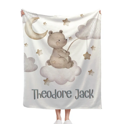 Personalized Custom Baby Boy Name Blanket - Bear Moon Stars in Sky Blanket, Newborn Boy Baby Gift