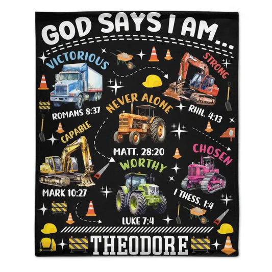 Truck Custom Name Blanket Personalized Text Gifts, God Says I Am Construction Bible Verse