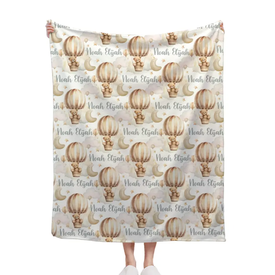 Personalized Custom Hot Air Balloon Baby Name Blanket, Hot Air Balloon Bear Blanket