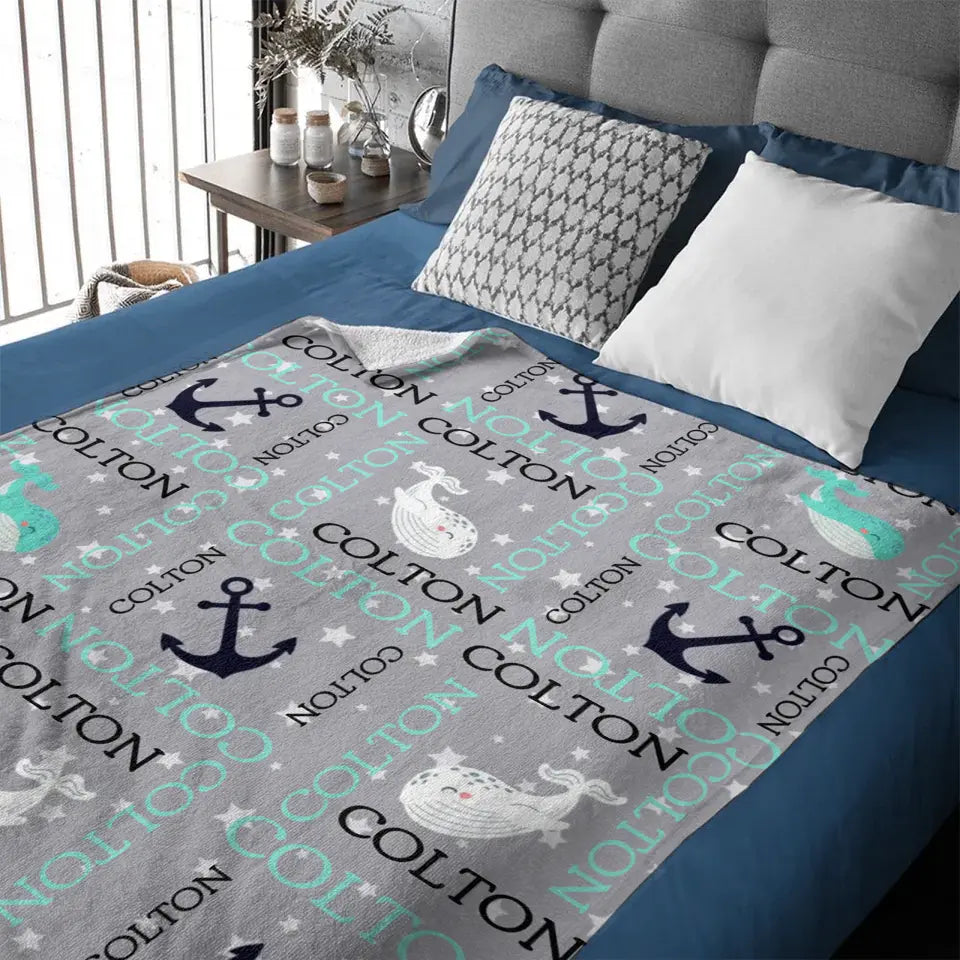 Personalized Custom Baby Blanket - Anchors Away Nautical Whale Baby Name Blanket