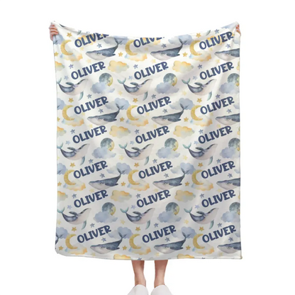 Personalized Custom Whales Boy, Girl Soft Name Blanket - Sea Creatures Kids Name Blanket