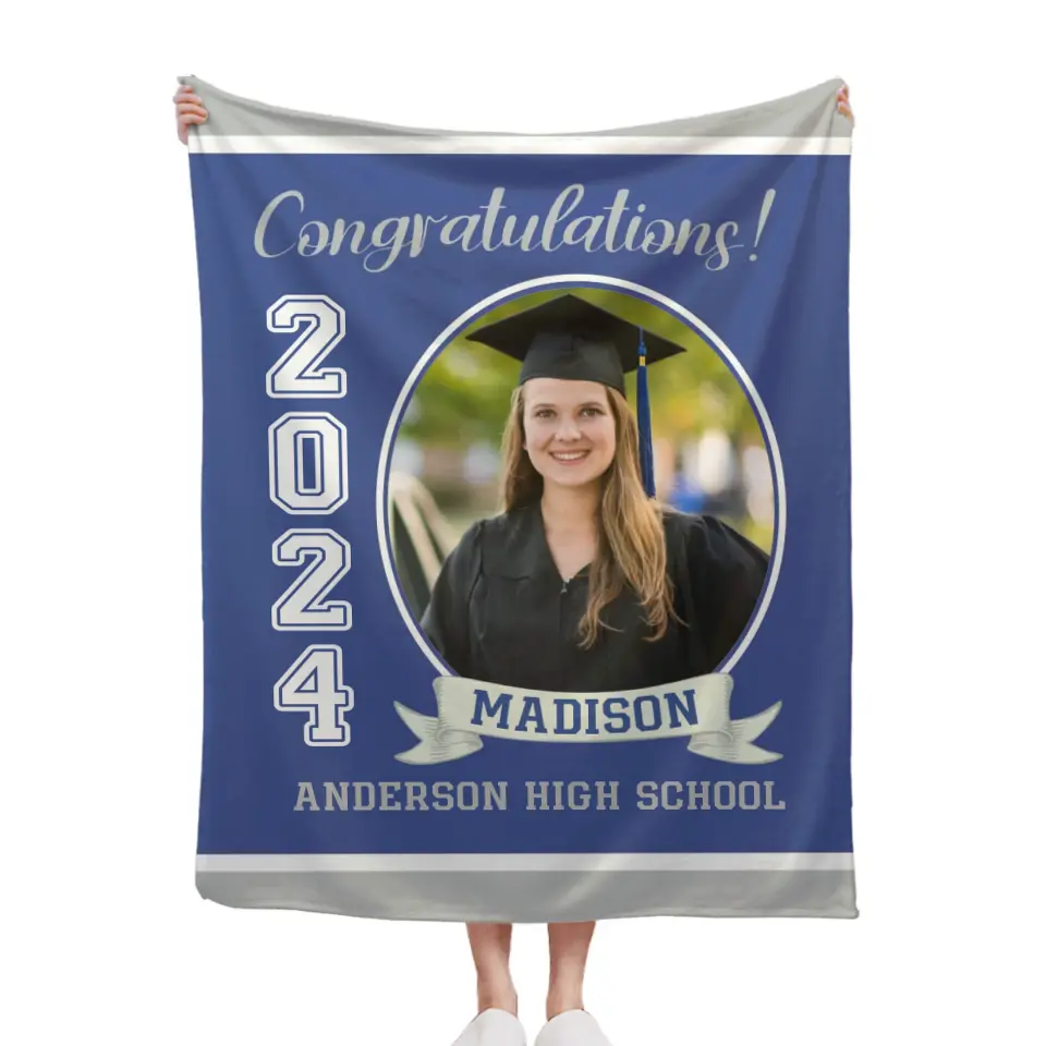 Personalized Graduation Blanket 2024 Graduate, Custom Photo,Name And School