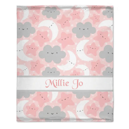 Personalized Pink Blue Moon Stars Clouds Baby Blanket