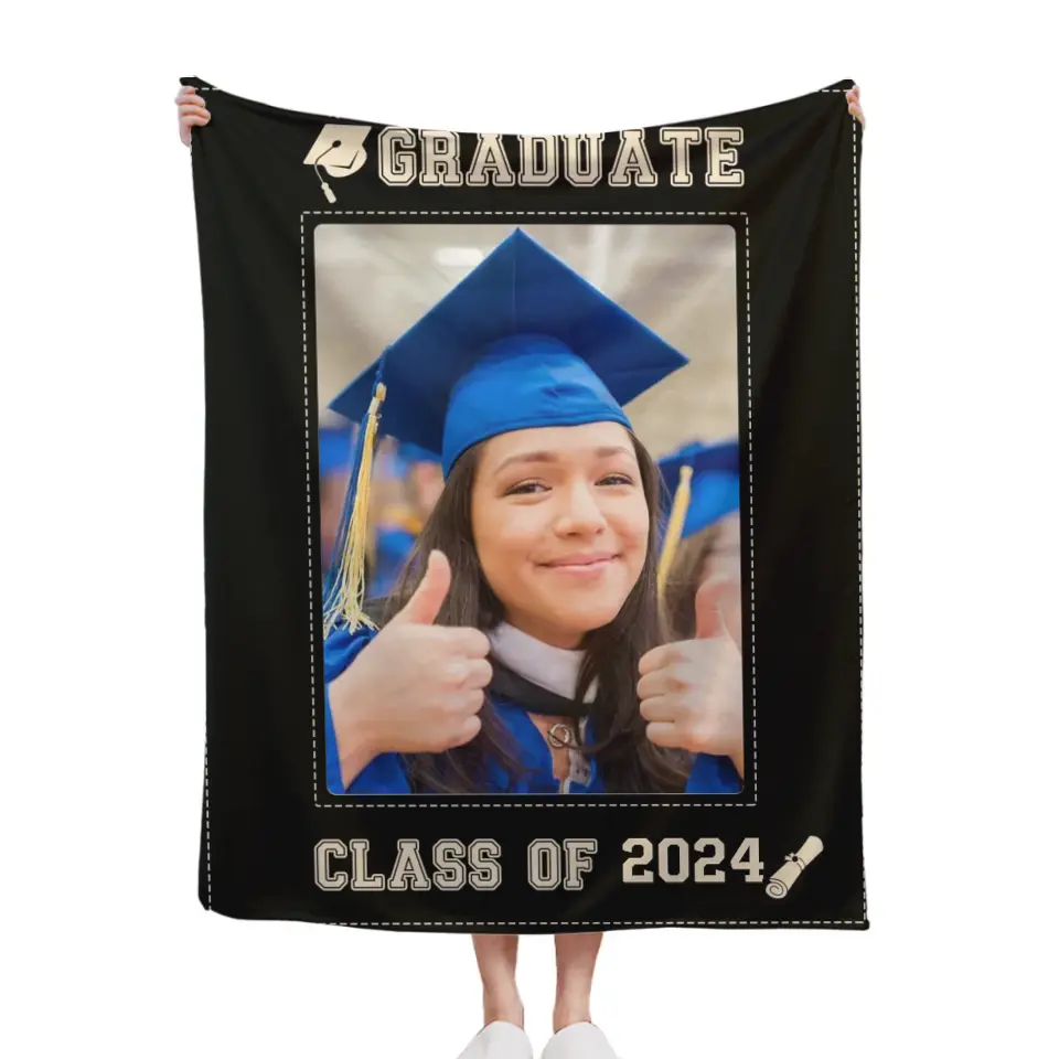 Congratulations To Graduates Gift Blanket, 2024 Graduates, Black Gold Edge Photo Blanket