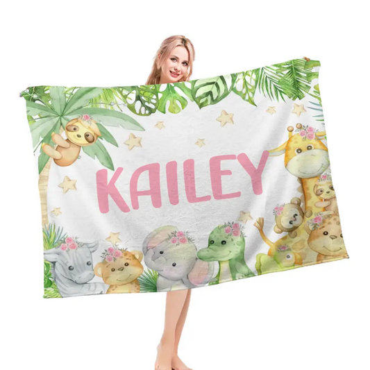 Personalized Custom Baby Name Blanket Gift, Jungle Nursery Decor, Toddler Birthday Gift, Monkey Elephant Giraffe  Blanket