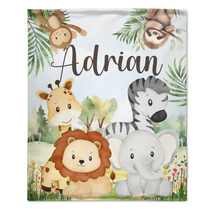 Personalized Custom Name Blanket - Jungle Greenery Leaves Forest Safari Animals