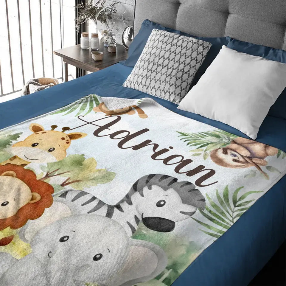 Personalized Custom Name Blanket - Jungle Greenery Leaves Forest Safari Animals