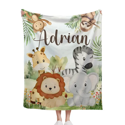 Personalized Custom Name Blanket - Jungle Greenery Leaves Forest Safari Animals