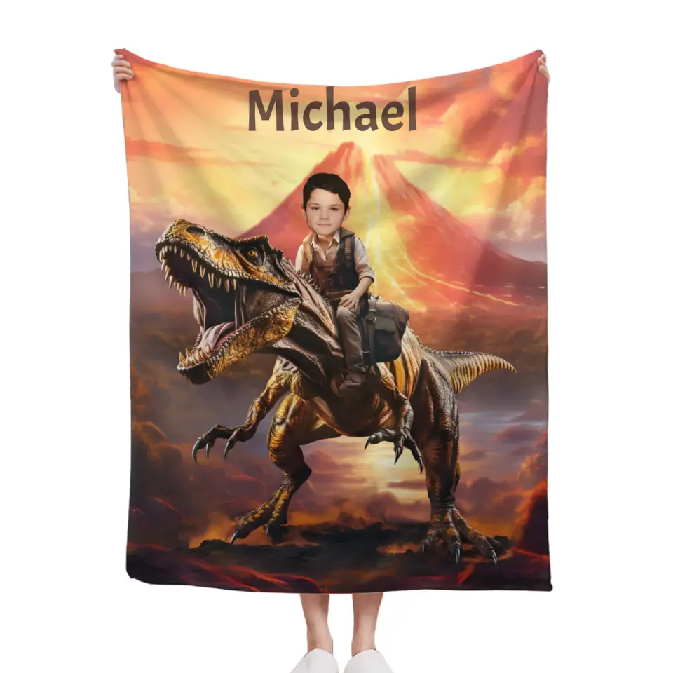 Personalized Custom Dinosaur Lover Blanket,  Child Riding T-Rex Dinosaur, Dinosaur Photo Gifts for Him Son Boyfriend