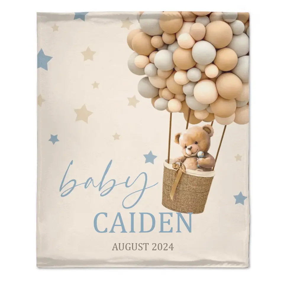 Custom Personalized Baby Blankets for Boys Girls,Customized Hot Air Balloon Star Bear Blanket with Name