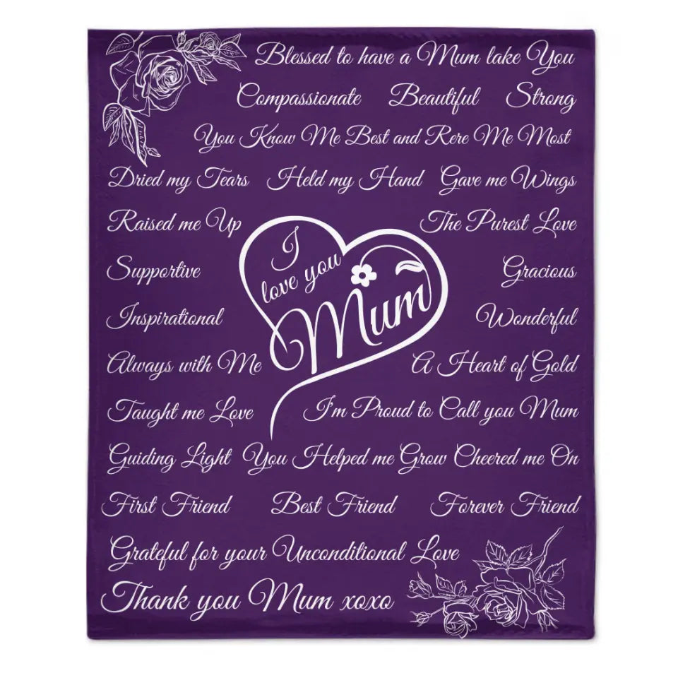 Personalized Rose Flower Heart Blanket - I Love Mum