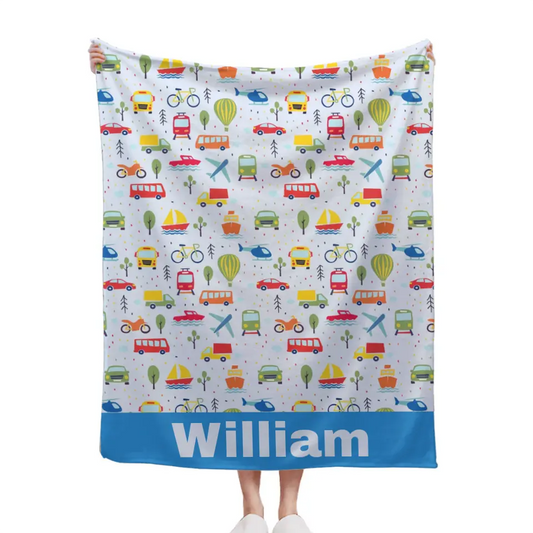 Personalized Baby Blanket with Name for Boys, Car Truck Aircraft Small Picture Blanket for Toddlers