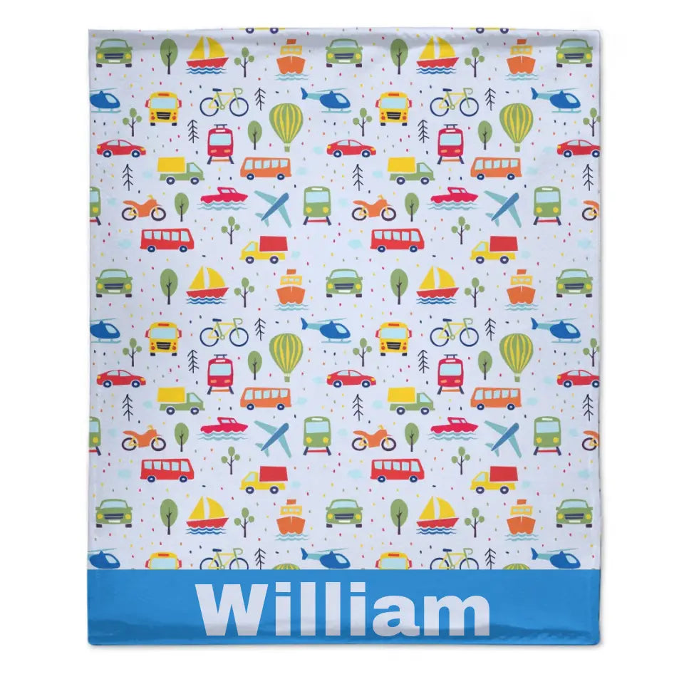 Personalized Baby Blanket with Name for Boys, Car Truck Aircraft Small Picture Blanket for Toddlers