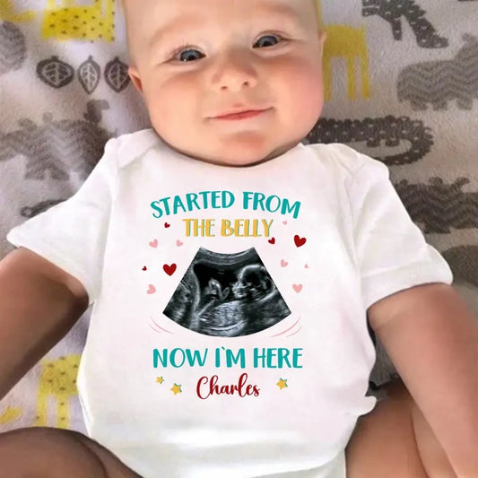Custom Photo Started from the belly, now I'm here - Family Personalized Custom Baby Onesie - Mother's Day, Baby Shower Gift, Gift For First Mom