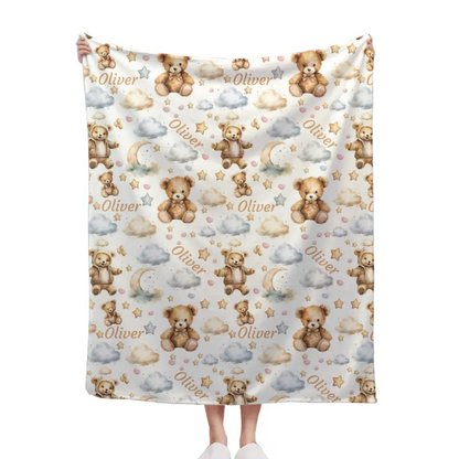 Personalized Watercolor Teddy Bear Swaddle Blanket