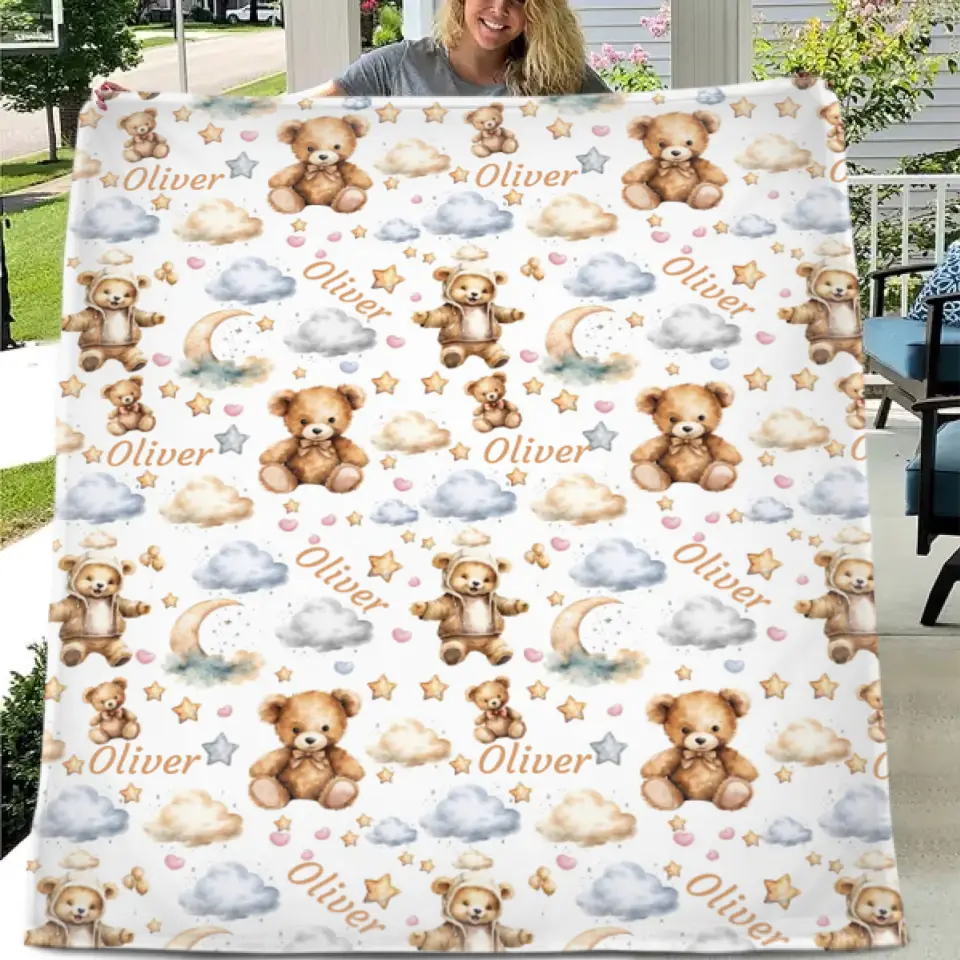 Personalized Watercolor Teddy Bear Swaddle Blanket