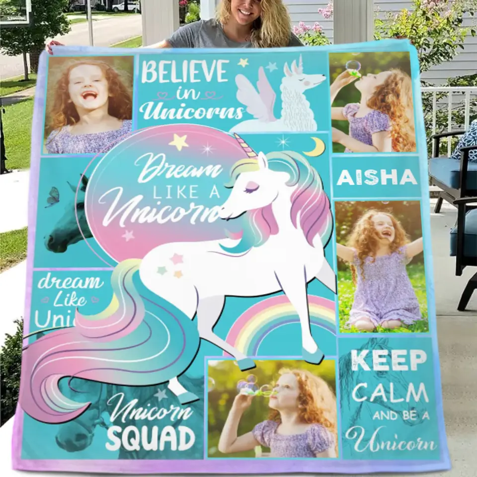 Custom Unicorn Blanket with 4 Photos and Name for Girls