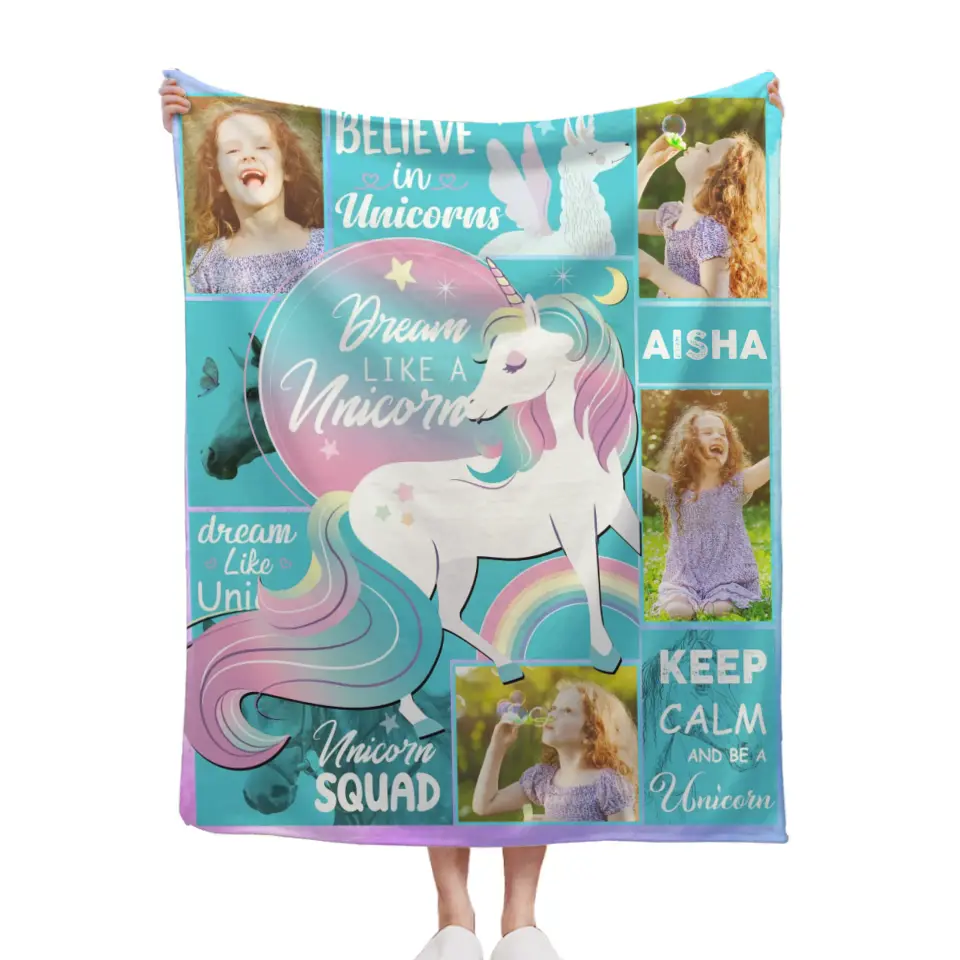 Custom Unicorn Blanket with 4 Photos and Name for Girls