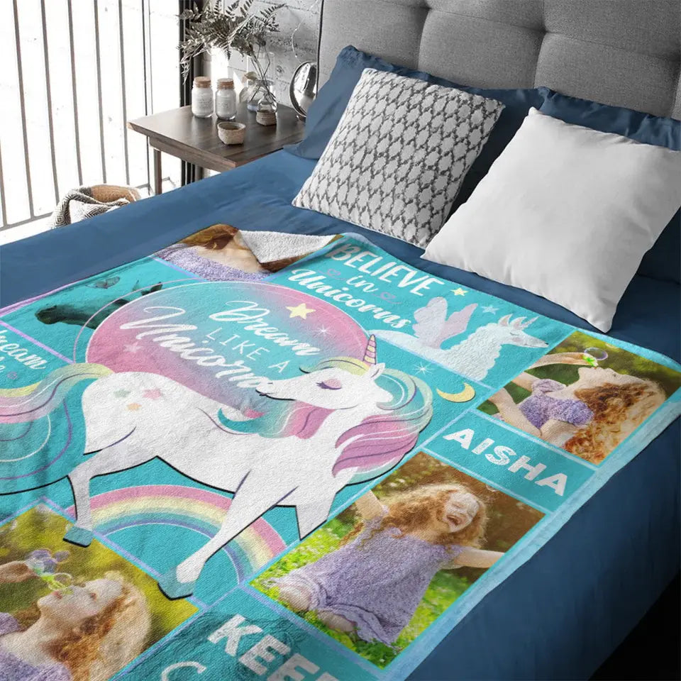 Custom Unicorn Blanket with 4 Photos and Name for Girls