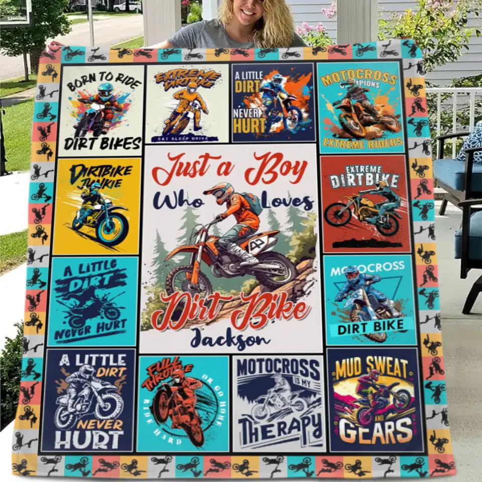 Personalized Dirt Bikes Blanket for Boys Kids Teens - Just a Boy Who Loves Dirt Bikes