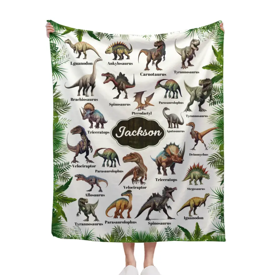 Personalized Leaf Border Dinosaur Blanket