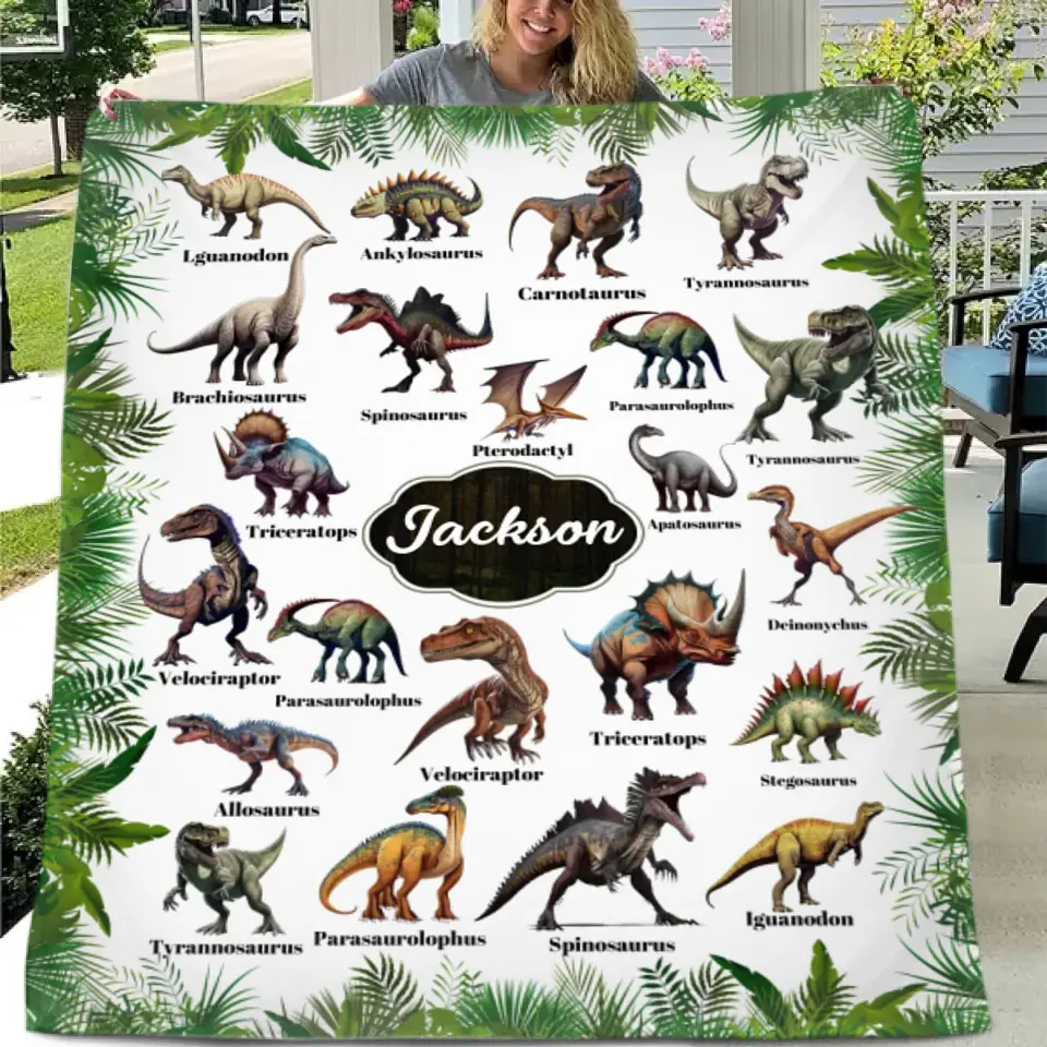 Personalized Leaf Border Dinosaur Blanket