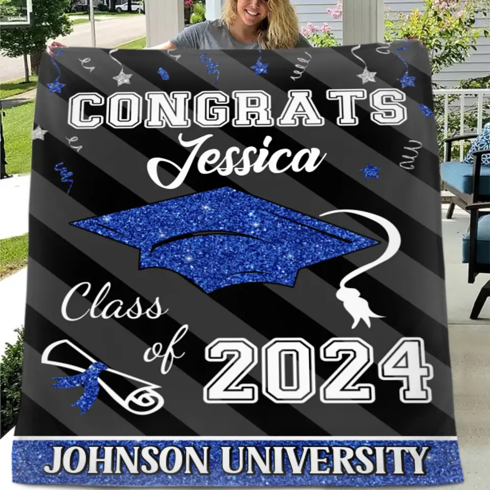 Custom Congrats Class Of 2024 Glitter Hat Graduation Blanket
