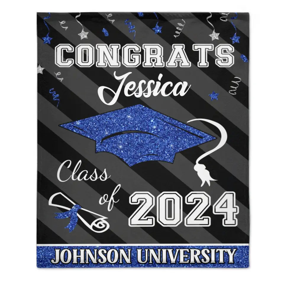 Custom Congrats Class Of 2024 Glitter Hat Graduation Blanket
