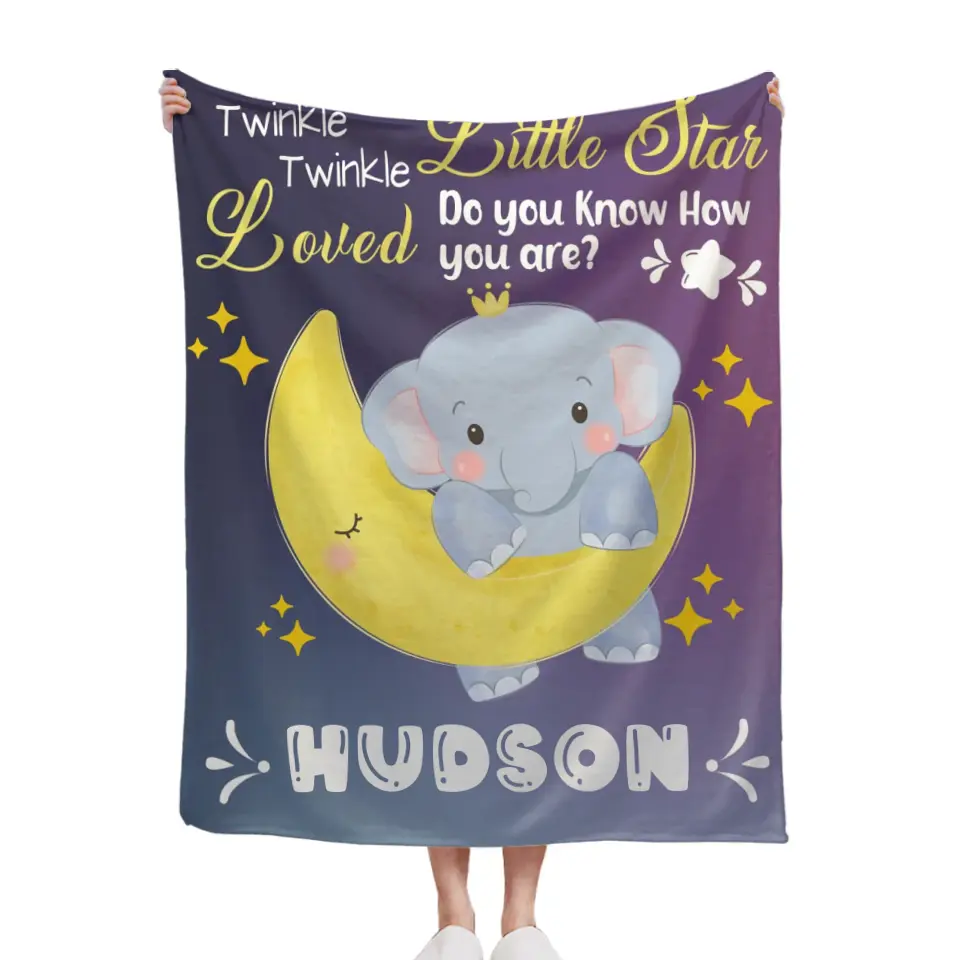 Personalized Baby Blankets for Boys Girls - Twinkle Little Star Baby Elephant On Moon