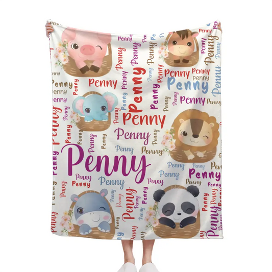 Customized Name Blanket, Small Animals Inside Basket