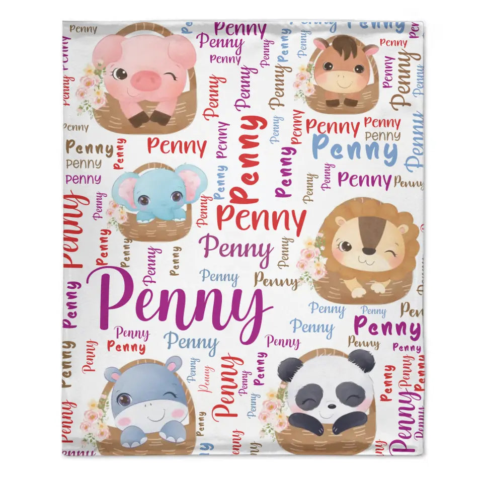 Customized Name Blanket, Small Animals Inside Basket