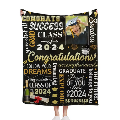 Personalized Senior Class of 2024 Champagne Black Blankets with Photo and Name