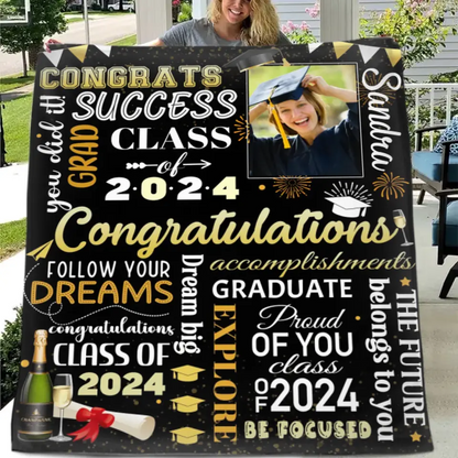 Personalized Senior Class of 2024 Champagne Black Blankets with Photo and Name