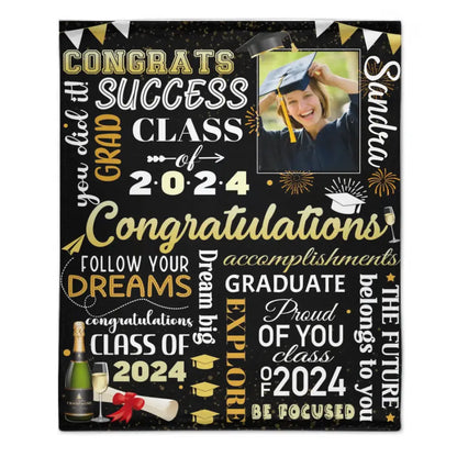 Personalized Senior Class of 2024 Champagne Black Blankets with Photo and Name