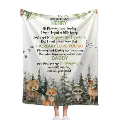 Personalized Bear Raccoon Fox Deer Four Animals Woodland Theme Gift Blanket- Mommy And Daddy