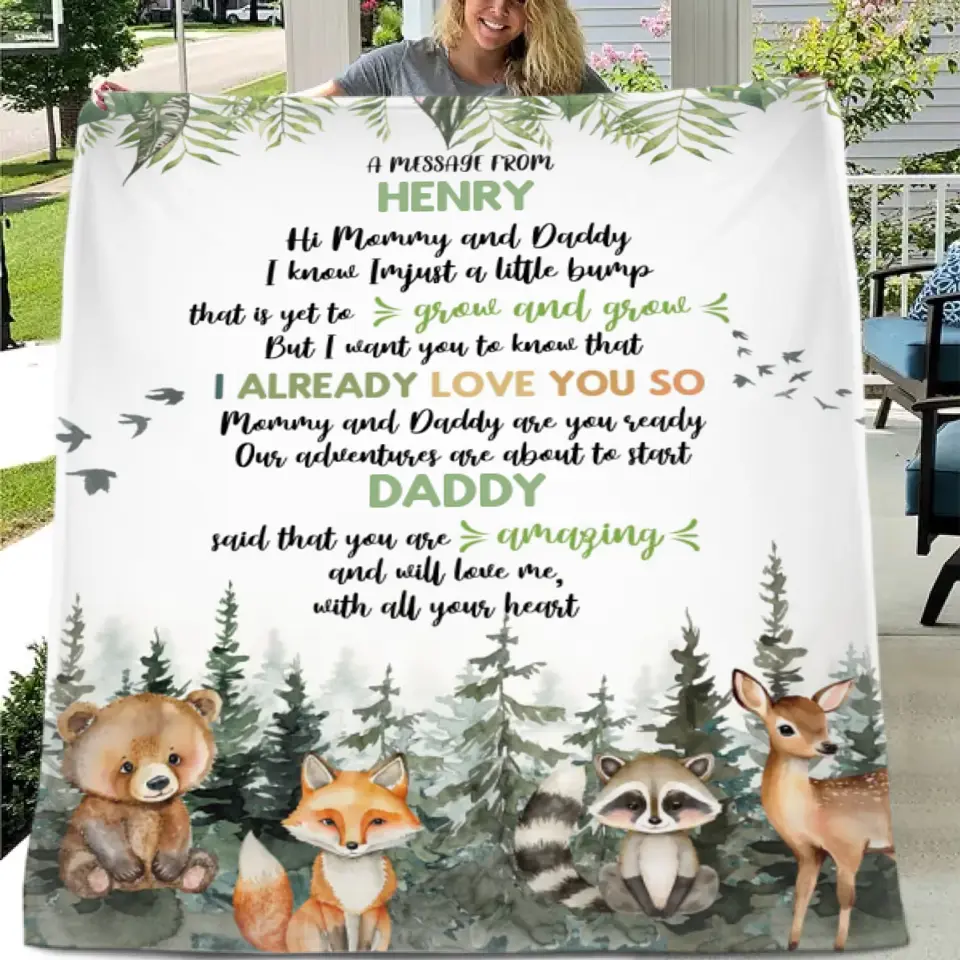 Personalized Bear Raccoon Fox Deer Four Animals Woodland Theme Gift Blanket- Mommy And Daddy