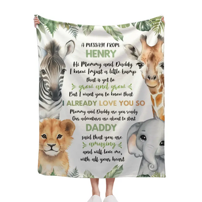 Personalized Zebra Lion Baby Elephant Deer On The Left And Right Sides Woodland Blanket- Mommy And Daddy