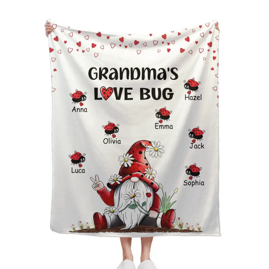 Grandma's Love Bugs Gnome - Personalized Scissorhands Old Man In Red Hat Blanket