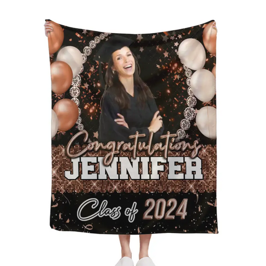 Custom Glitter Balloon Congrats Class Of 2024 Graduation Blanket - Graduation Party Decorations